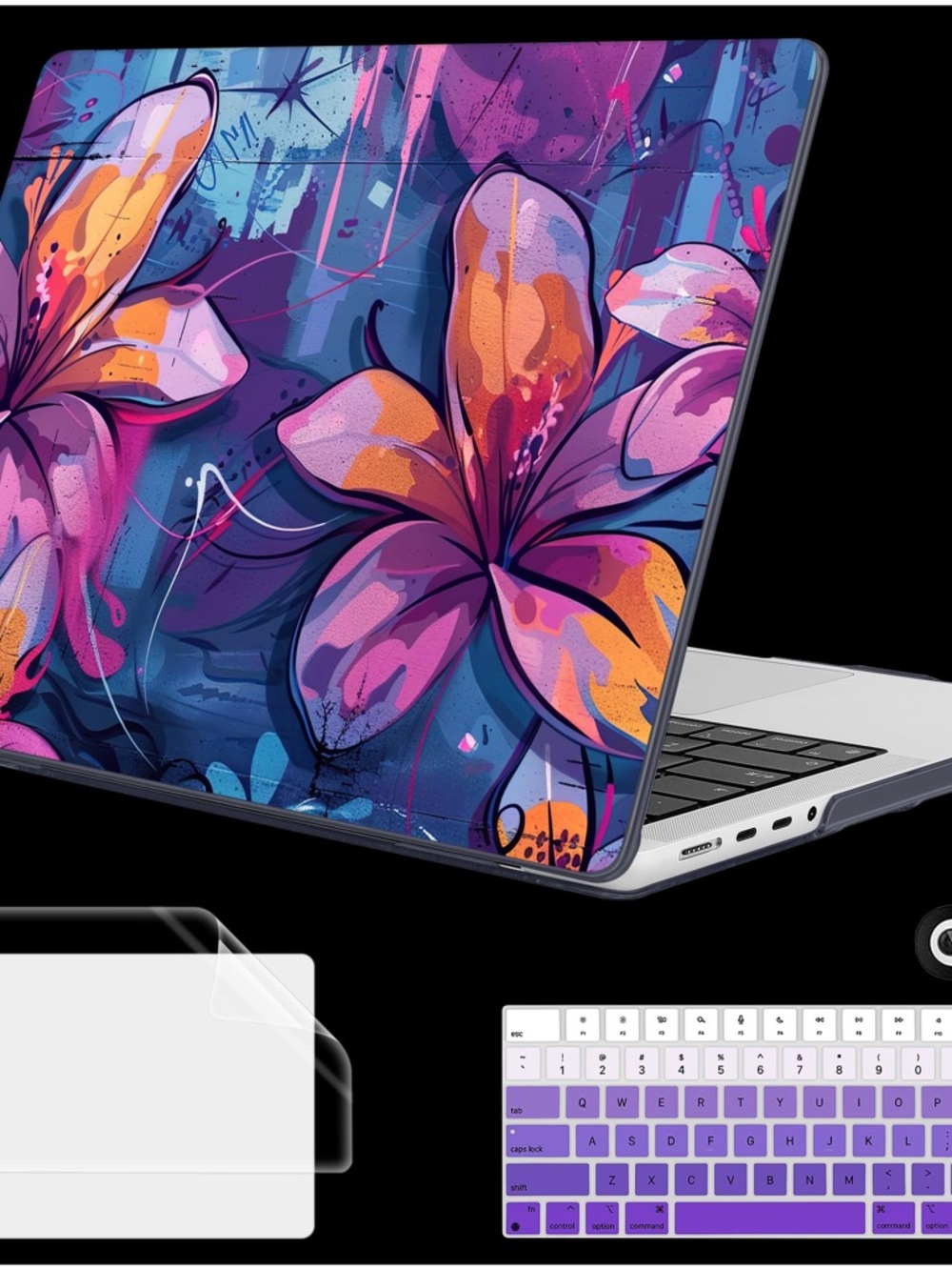 Purple Floral Laptop Skin & Keyboard Cover Set